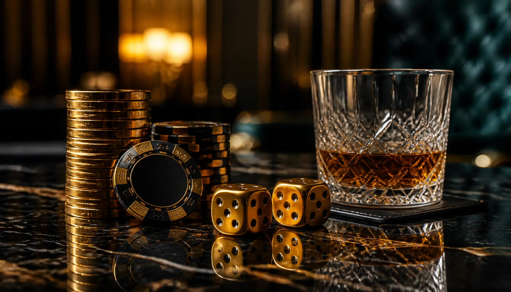 Gleaming gold trophy on a dark velvet surface with warm cinematic lighting, luxury casino promotional image